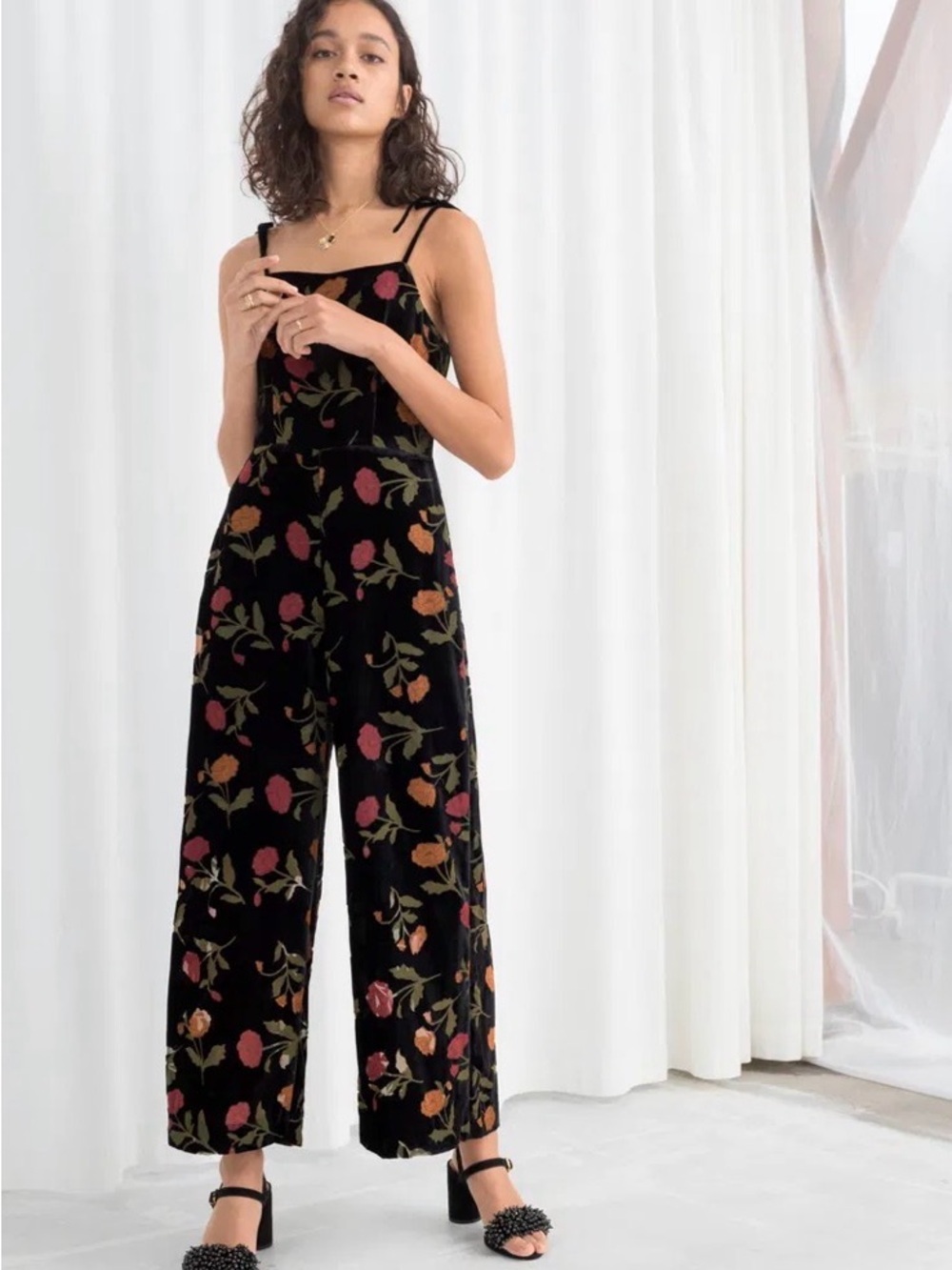 & other stories floral square neck velvet straight leg jumpsuit 70s boho